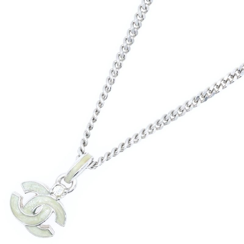 Chanel Coco Mark Chain Necklace Pendant Silver Ivory