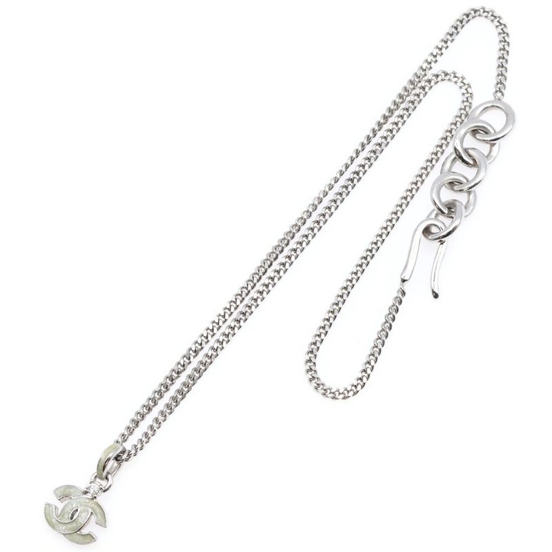 Chanel Coco Mark Chain Necklace Pendant Silver Ivory