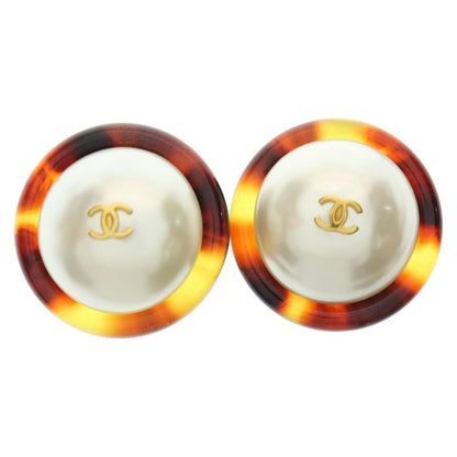 Chanel Coco Mark Pearl Earring Gold Hardware White X Brown GP 97A