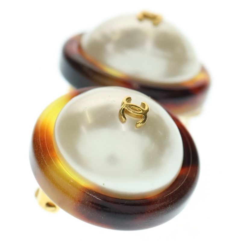 Chanel Coco Mark Pearl Earring Gold Hardware White X Brown GP 97A