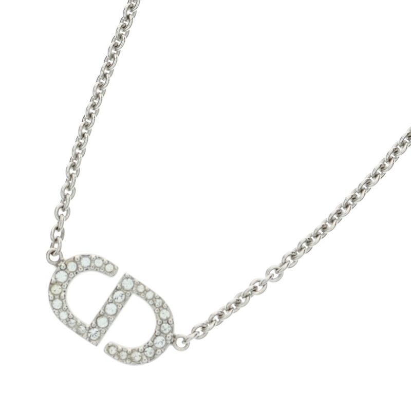 DIOR CD Logo Rhinestone Chain Necklace Silver