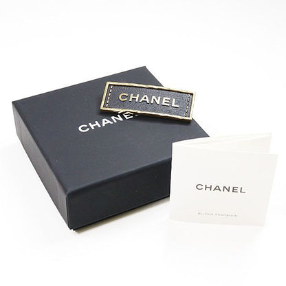 Chanel Logo Brooch Metal Leather Gold Black Tag A23 S Rank