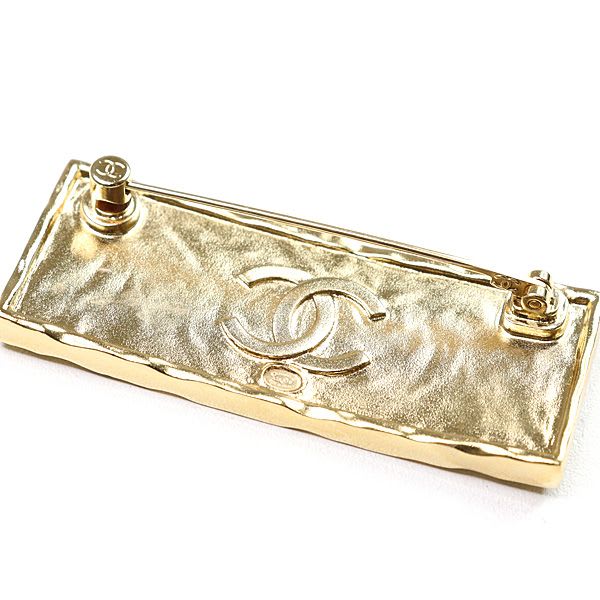 Chanel Logo Brooch Metal Leather Gold Black Tag A23 S Rank