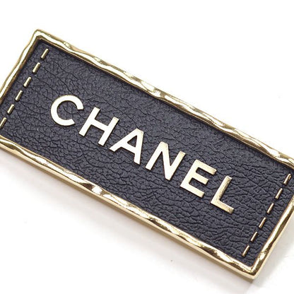 Chanel Logo Brooch Metal Leather Gold Black Tag A23 S Rank