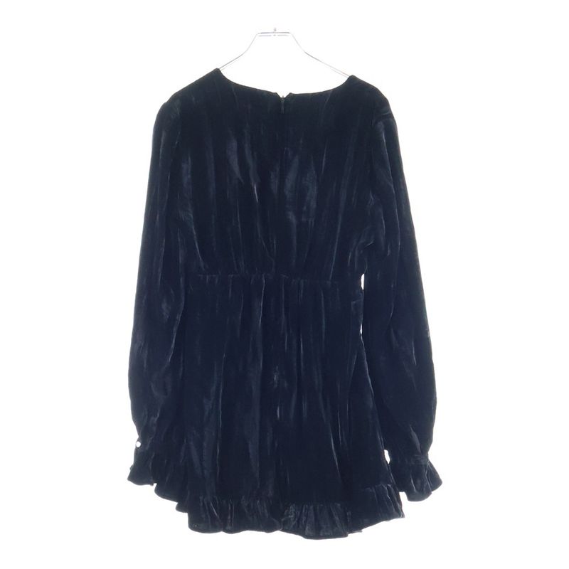 Saint Laurent Paris V-neck Velour Velvet Gathered Long Sleeves Mini Dress Black