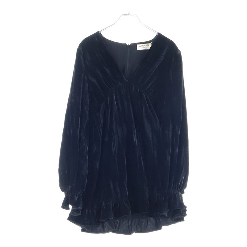 Saint Laurent Paris V-neck Velour Velvet Gathered Long Sleeves Mini Dress Black