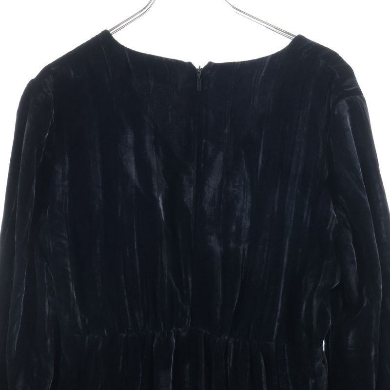 Saint Laurent Paris V-neck Velour Velvet Gathered Long Sleeves Mini Dress Black