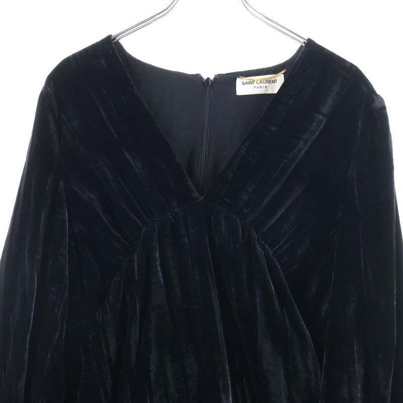 Saint Laurent Paris V-neck Velour Velvet Gathered Long Sleeves Mini Dress Black
