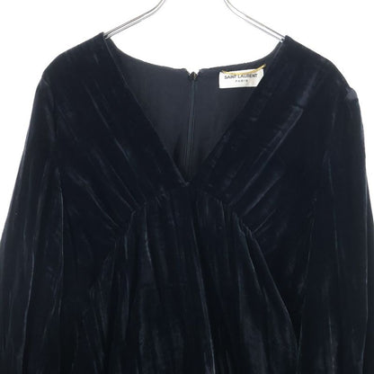Saint Laurent Paris V-neck Velour Velvet Gathered Long Sleeves Mini Dress Black