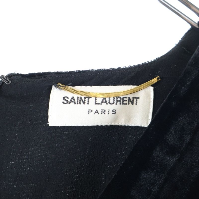 Saint Laurent Paris V-neck Velour Velvet Gathered Long Sleeves Mini Dress Black