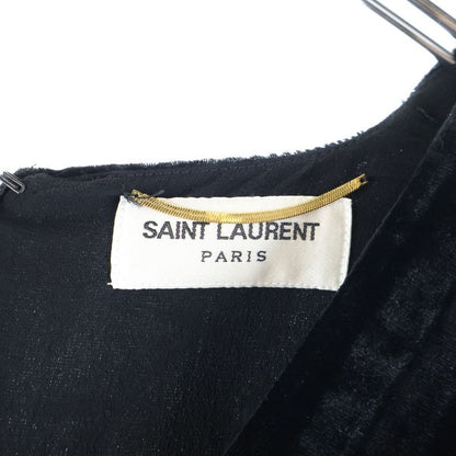 Saint Laurent Paris V-neck Velour Velvet Gathered Long Sleeves Mini Dress Black
