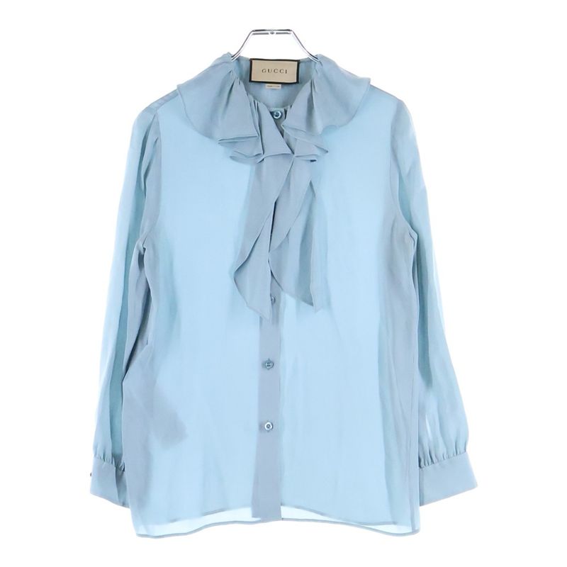 Gucci BEE Cuff Applique Embroidered Silk Ruffle Long Sleeve Shirt Blouse Light