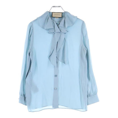 Gucci BEE Cuff Applique Embroidered Silk Ruffle Long Sleeve Shirt Blouse Light