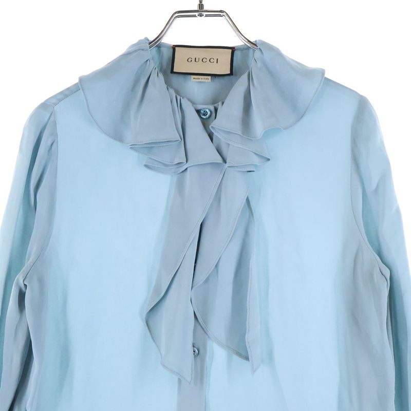 Gucci BEE Cuff Applique Embroidered Silk Ruffle Long Sleeve Shirt Blouse Light