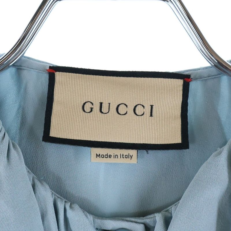 Gucci BEE Cuff Applique Embroidered Silk Ruffle Long Sleeve Shirt Blouse Light