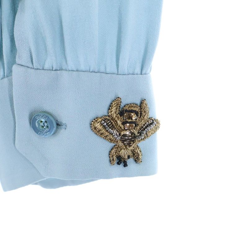 Gucci BEE Cuff Applique Embroidered Silk Ruffle Long Sleeve Shirt Blouse Light