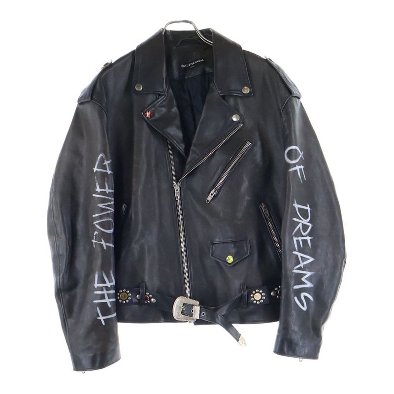 Balenciaga 18AW Personalized Painted Biker Leather Jacket Black 507786 Tyh15