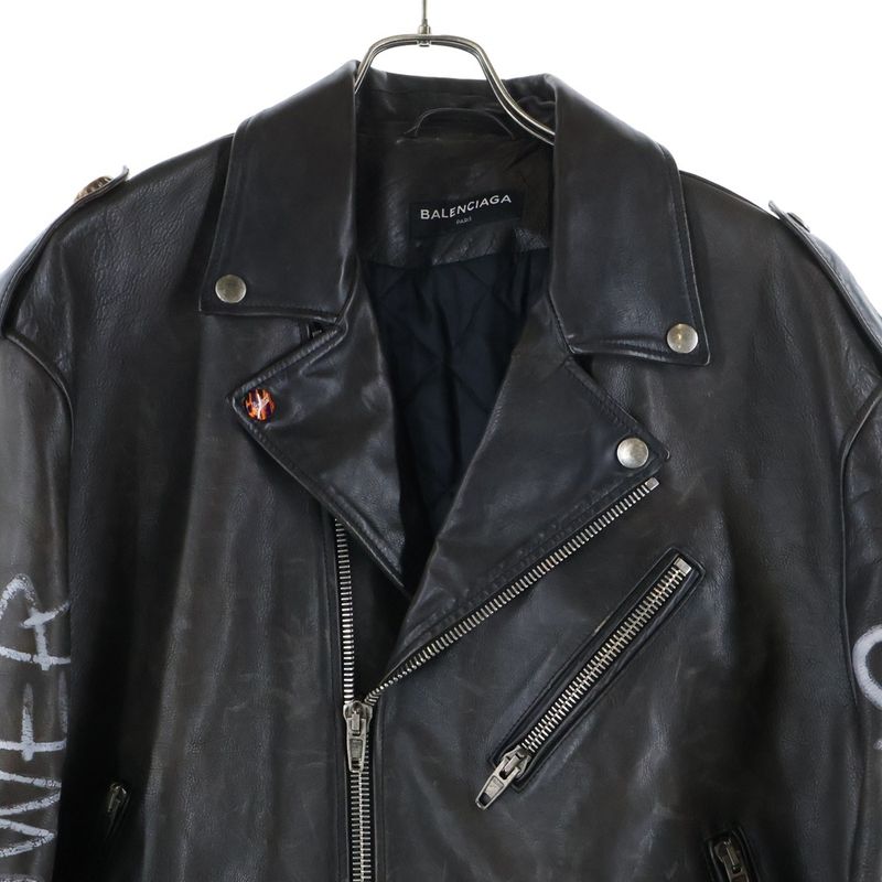 Balenciaga 18AW Personalized Painted Biker Leather Jacket Black 507786 Tyh15