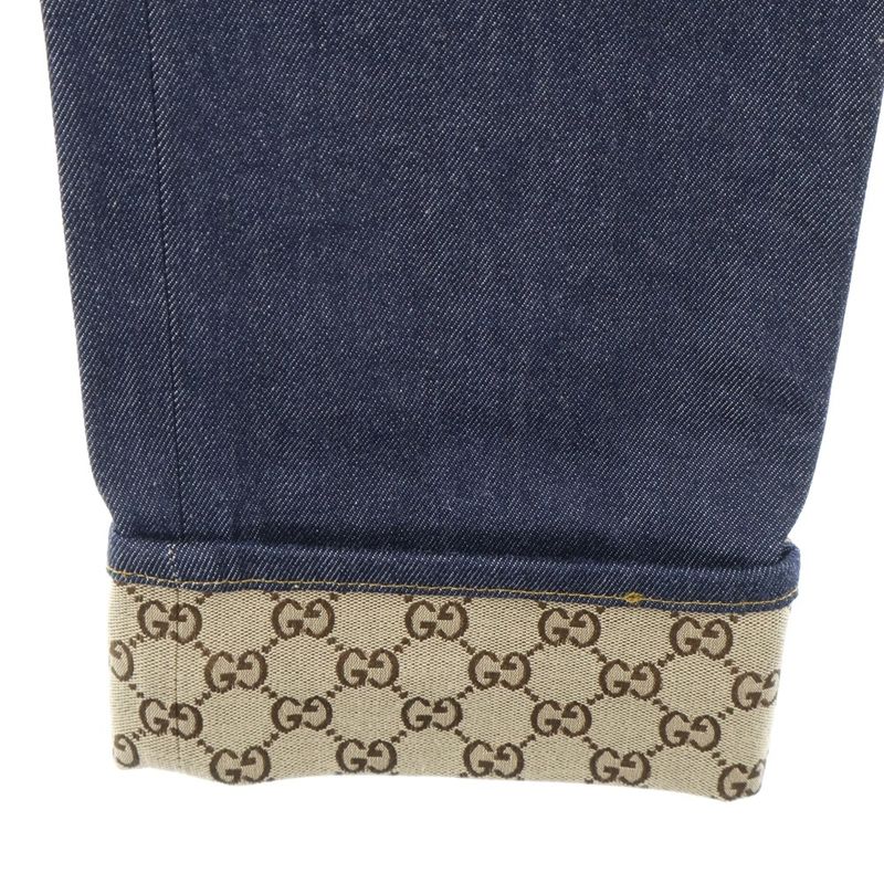 Gucci Zip Fly Straight Denim Pants With GG Pattern Fold Over Indigo 700949 Xdb1z