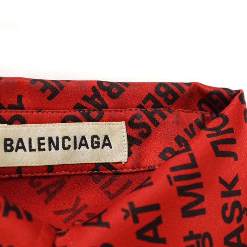 Balenciaga Shirt Blouse Silk Long Sleeves Logo Total Oversized 32 XS Red Black