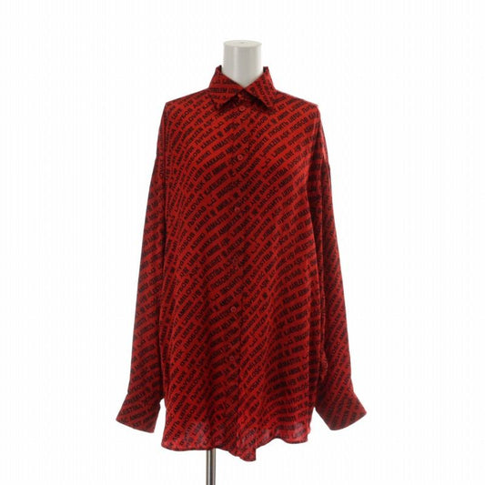 Balenciaga Shirt Blouse Silk Long Sleeves Logo Total Oversized 32 XS Red Black