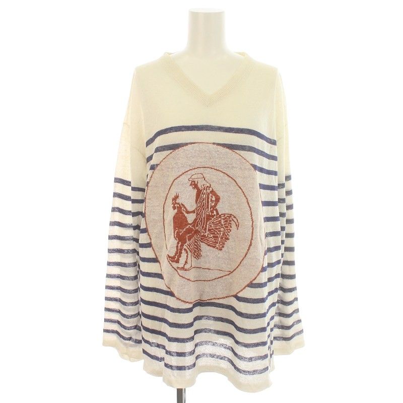 Loewe Emblem Summer Knit Sweater Long Sleeve V Neck Stripe Light Hand Linen M