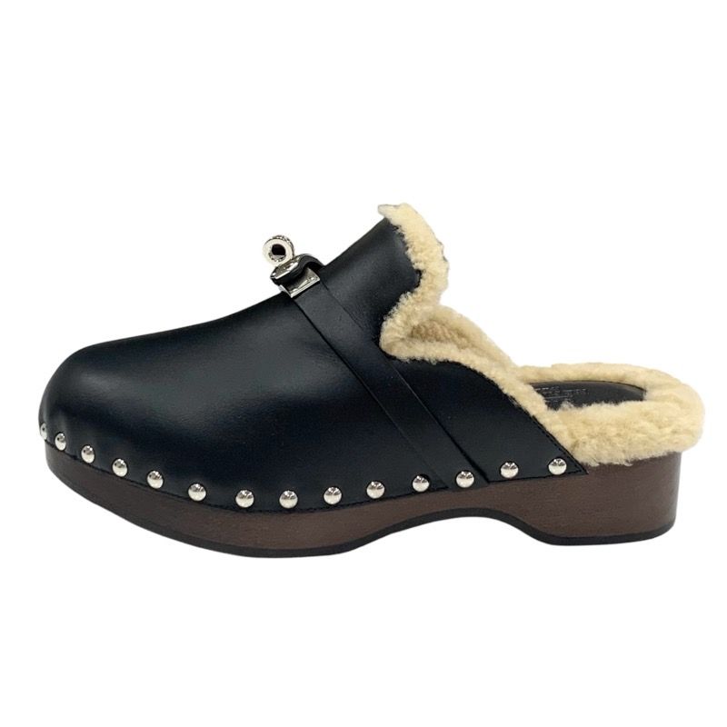 Hermes Carlotta Sandals Shoes Leather Shearling Wood Black Silver Sabot Mule