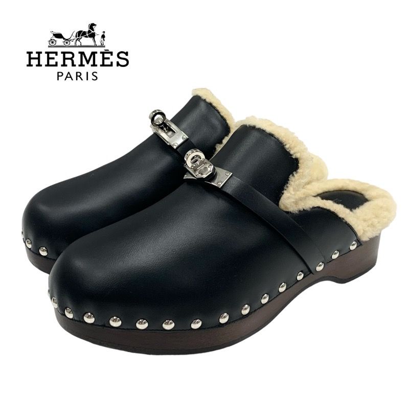 Hermes Carlotta Sandals Shoes Leather Shearling Wood Black Silver Sabot Mule