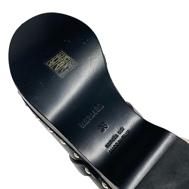 Hermes Carlotta Sandals Shoes Leather Shearling Wood Black Silver Sabot Mule