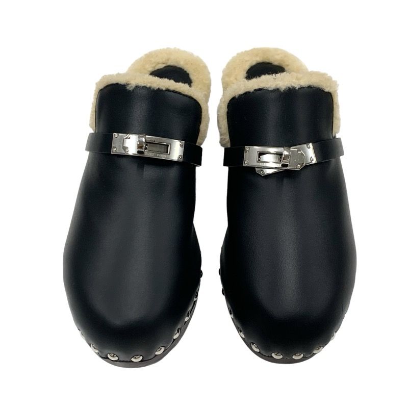 Hermes Carlotta Sandals Shoes Leather Shearling Wood Black Silver Sabot Mule