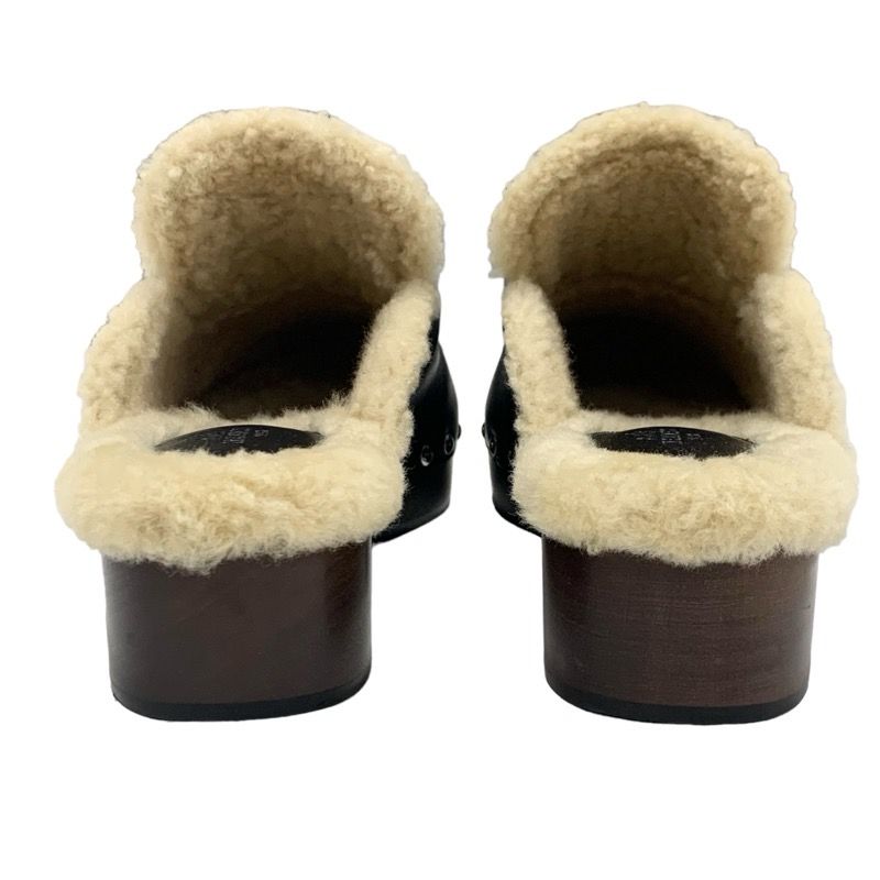 Hermes Carlotta Sandals Shoes Leather Shearling Wood Black Silver Sabot Mule