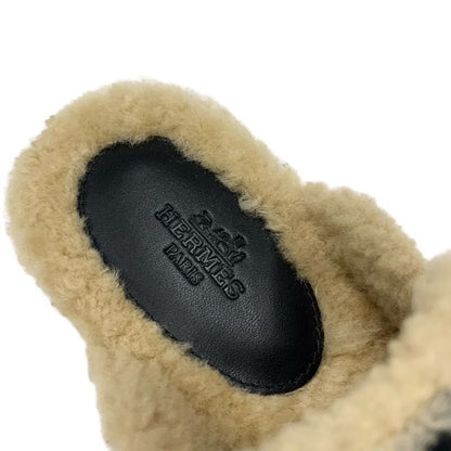 Hermes Carlotta Sandals Shoes Leather Shearling Wood Black Silver Sabot Mule