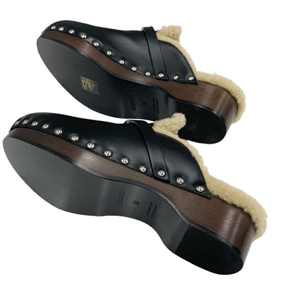 Hermes Carlotta Sandals Shoes Leather Shearling Wood Black Silver Sabot Mule