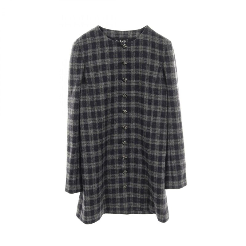 Chanel Dress Coco Mark Button Gray Wool Silk Dress Ladies Used A