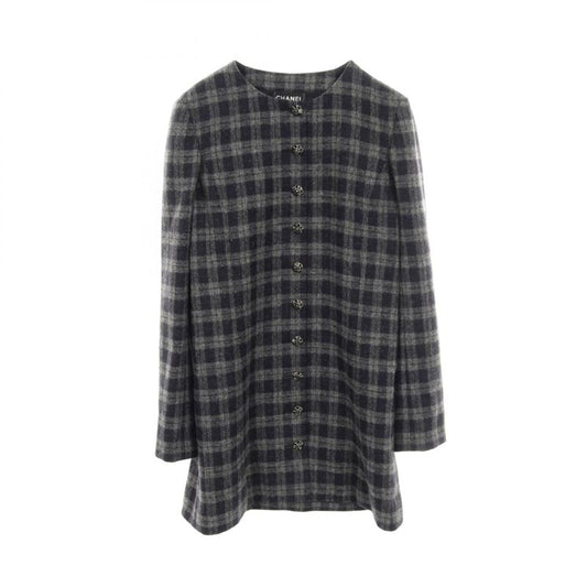Chanel Dress Coco Mark Button Gray Wool Silk Dress Ladies Used A