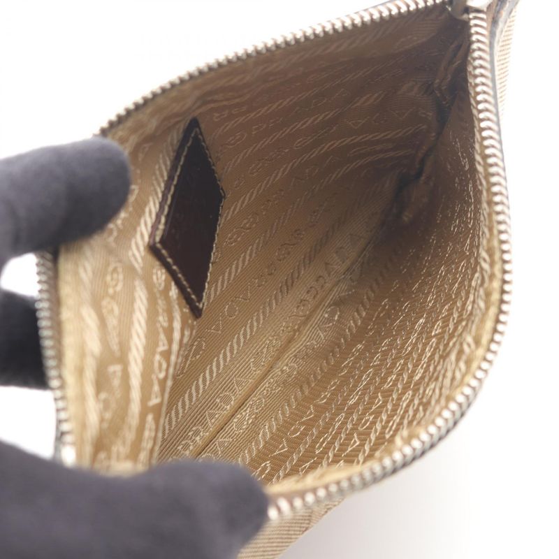 Prada Pouch Logo Jacquard Beige/brown Canvas Leather Logo Jacquard Pouch Women