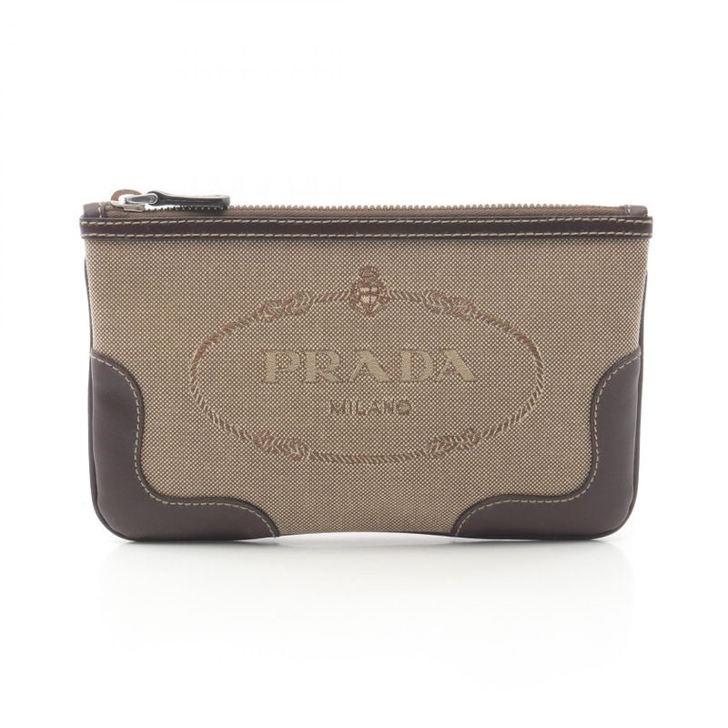 Prada Pouch Logo Jacquard Beige/brown Canvas Leather Logo Jacquard Pouch Women