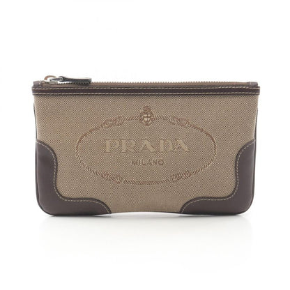 Prada Pouch Logo Jacquard Beige/brown Canvas Leather Logo Jacquard Pouch Women