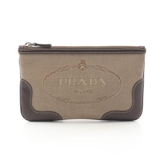 Prada Pouch Logo Jacquard Beige/brown Canvas Leather Logo Jacquard Pouch Women