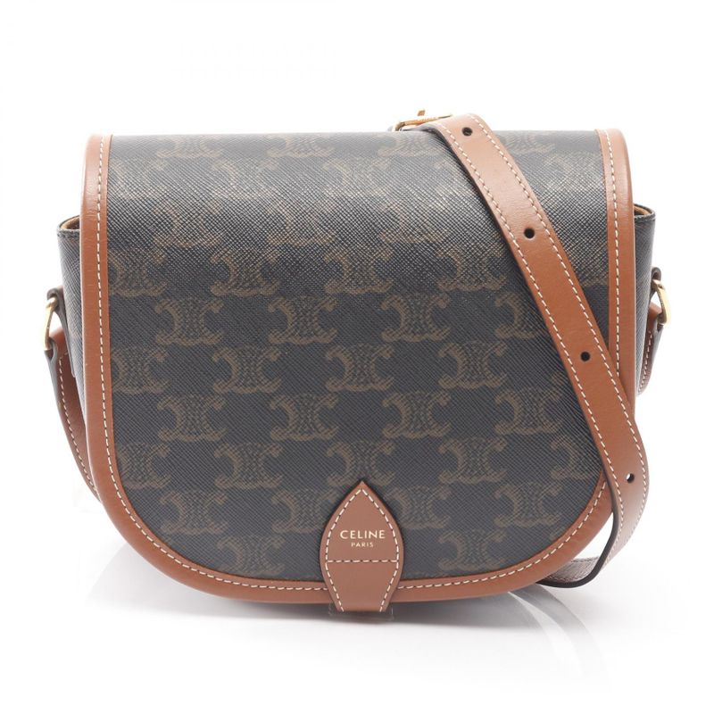 Celine Shoulder Bag Folco Medium Bag Triomphe Tan PVC Coated Canvas Leather