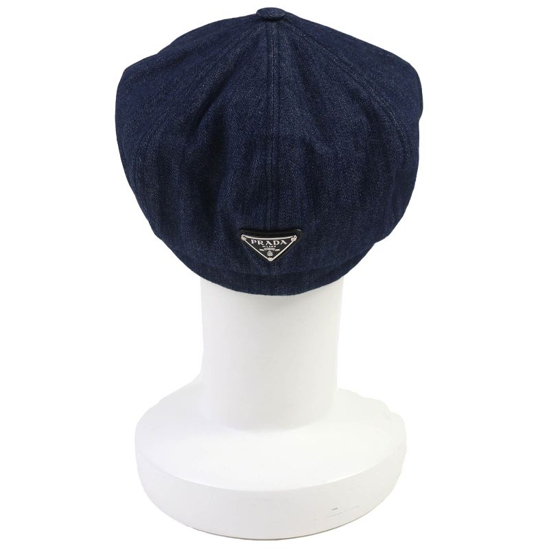 Prada 1hc551 100% Cotton Triangle Logo Triangle Plate Denim Casket Hat Indigo