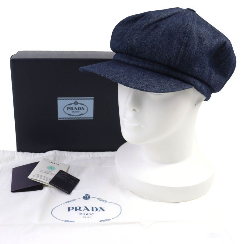 Prada 1hc551 100% Cotton Triangle Logo Triangle Plate Denim Casket Hat Indigo