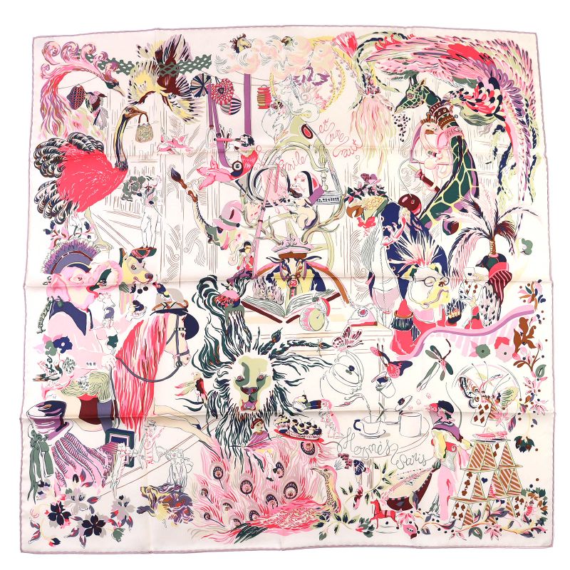 Hermes Emile Et Une Nuit Emile's Night 100% Silk Rose Te/green/prune Carré 90