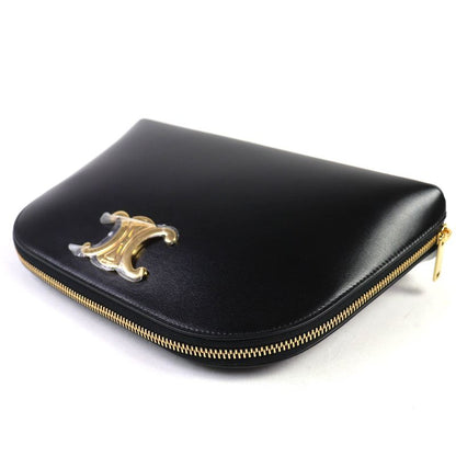 Celine 10n073gez Calfskin Triomphe Round Zipper Pouch Black Gold Hardware