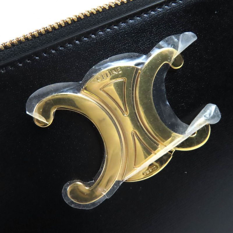 Celine 10n073gez Calfskin Triomphe Round Zipper Pouch Black Gold Hardware
