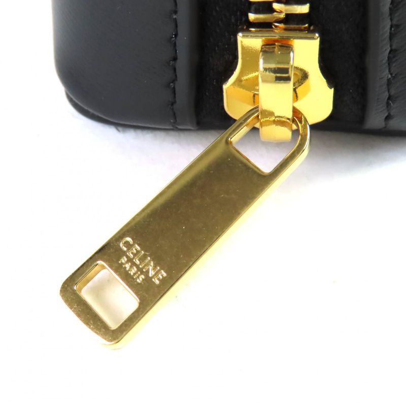 Celine 10n073gez Calfskin Triomphe Round Zipper Pouch Black Gold Hardware