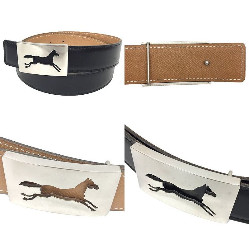 Hermes Leather Belt Size 80 Reversible Black And Brown Horse Buckle Horse