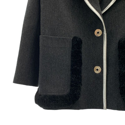 Prada - 2014aw - Wool Piping Leather Paneled Boa Tailored Jacket - 38 - Gray -