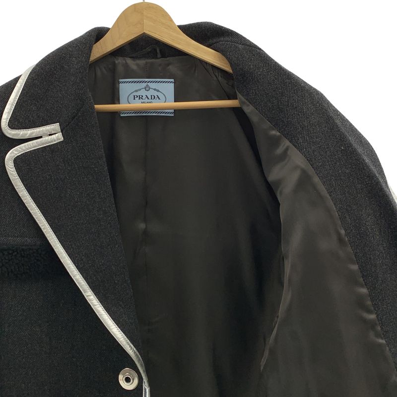Prada - 2014aw - Wool Piping Leather Paneled Boa Tailored Jacket - 38 - Gray -