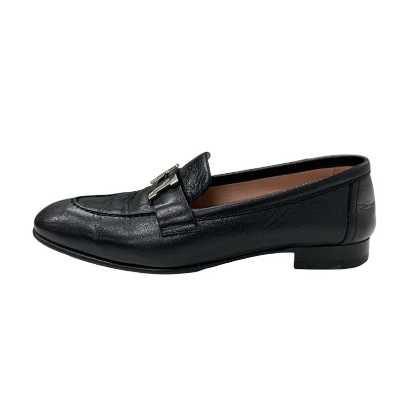 Hermes Paris Loafers Shoes Leather Black Silver Moccasins Flat Shoes Hhardware